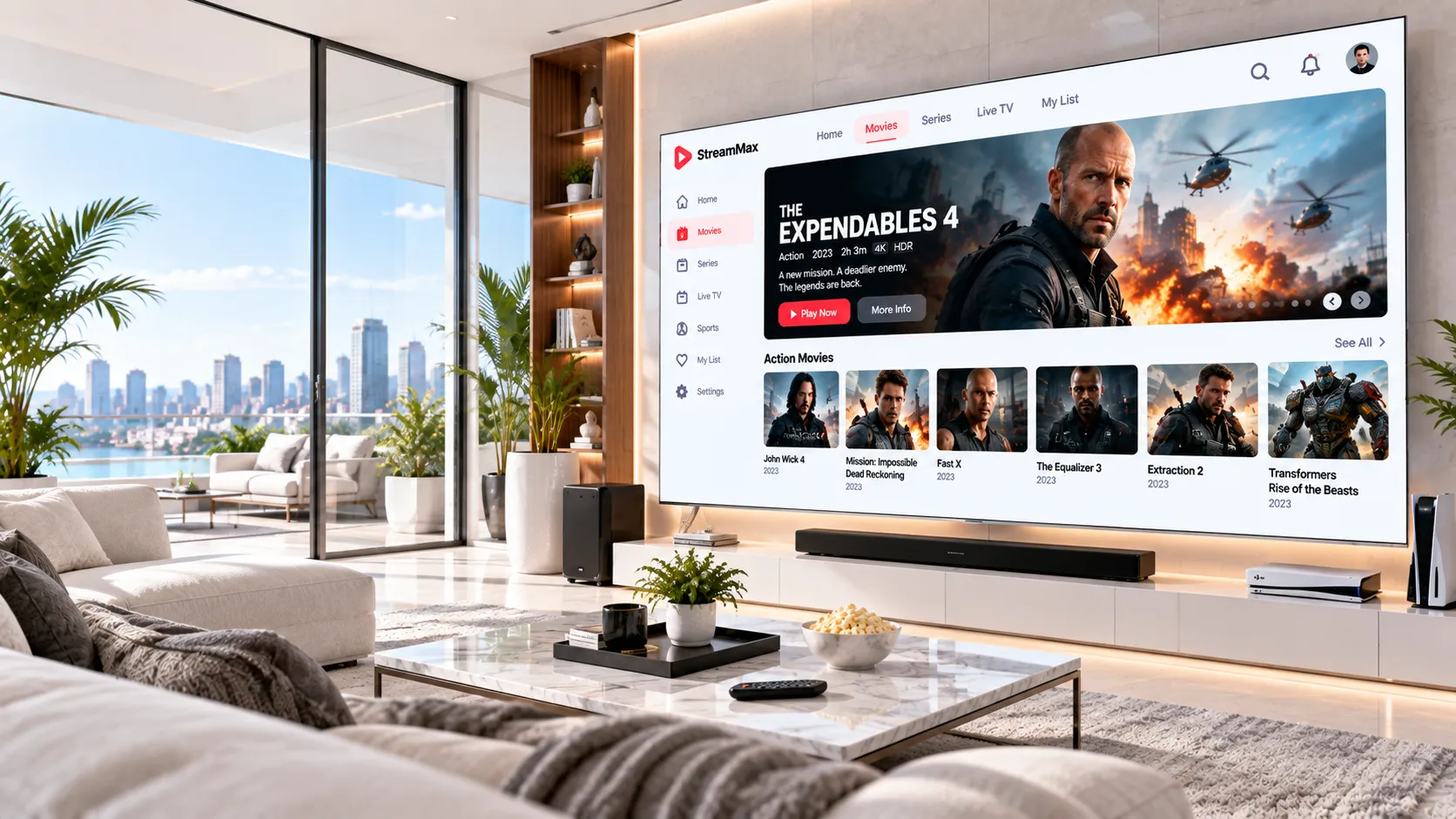 IPTV channel guide on screen showing US and UK channel categories including sports news movies and entertainment