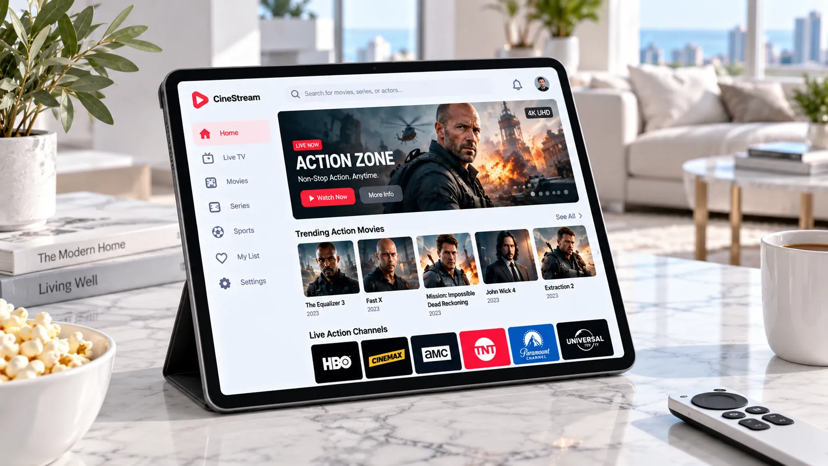 IPTV channel list displayed on a smart TV screen showing categorised US and UK channels with EPG programme guide