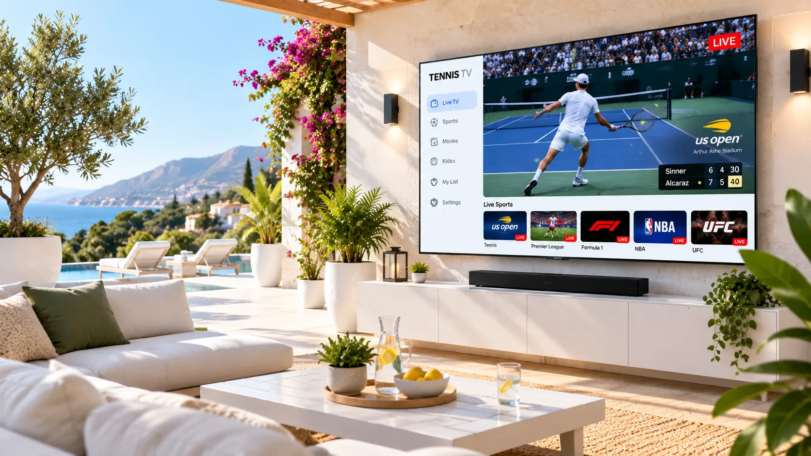 Amazon Firestick connected to a smart TV showing IPTV Smarters Pro channel guide with live sports and entertainment