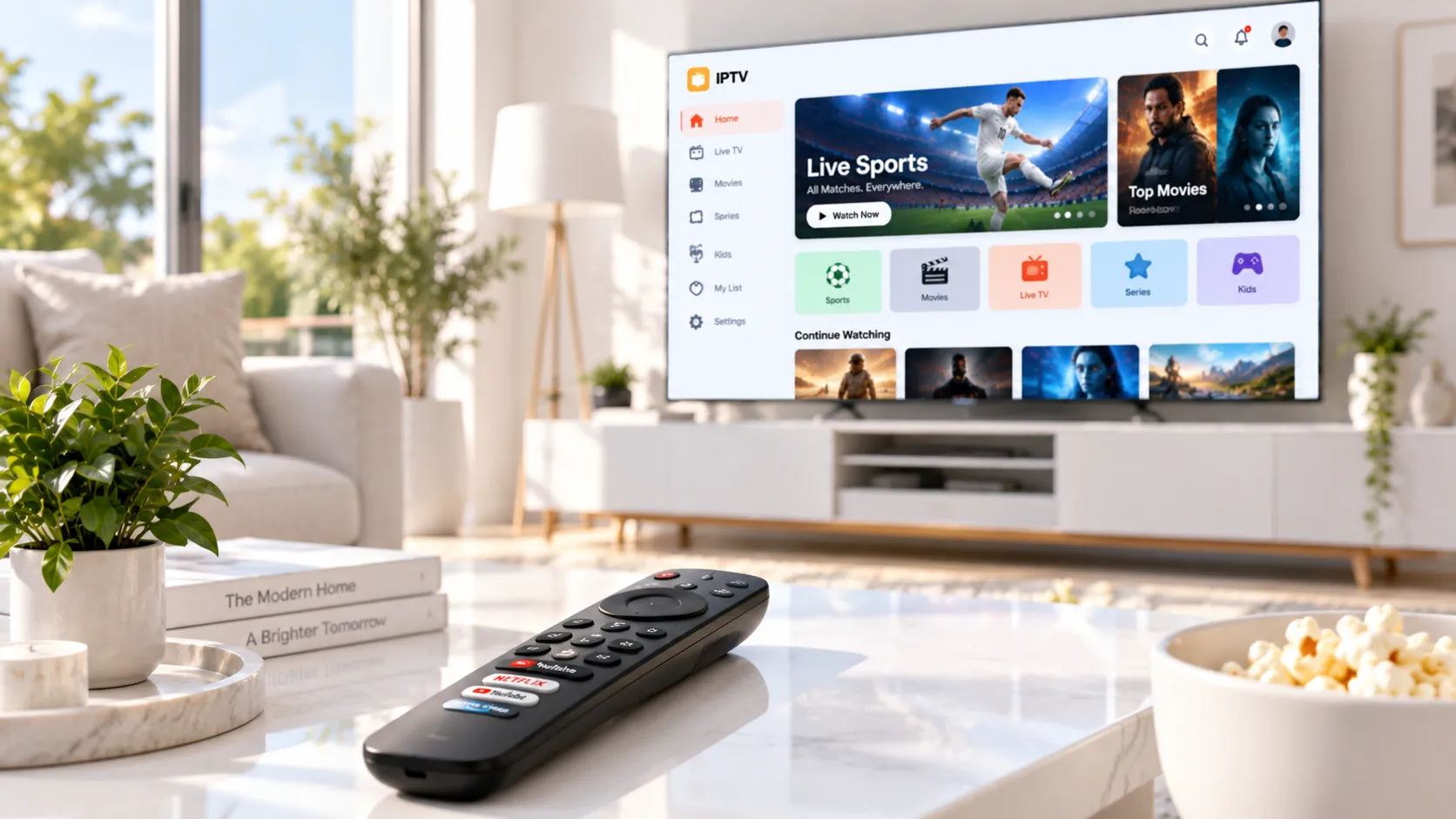 Person testing an IPTV free trial on a smart TV displaying live channel guide with sports and entertainment options