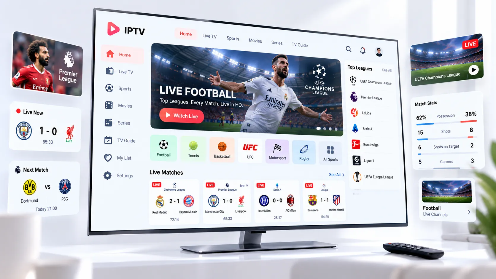 IPTV Smarters Pro interface on Amazon Firestick showing channel list EPG guide and live sports streaming