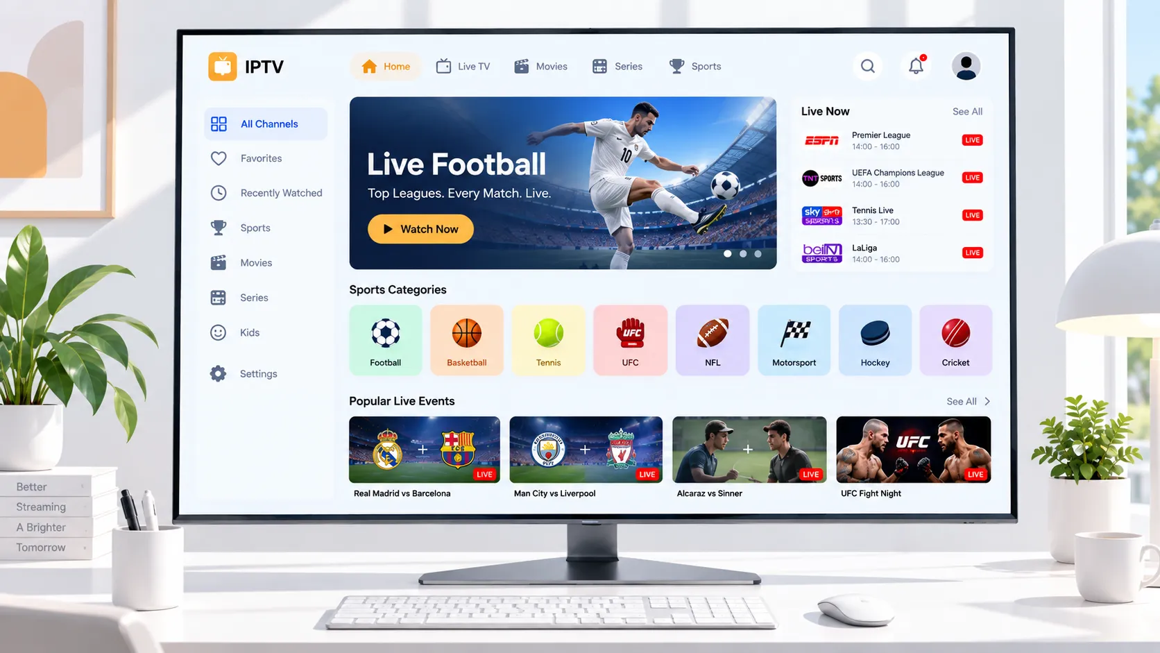 IPTV live sports streaming showing NFL football and Premier League soccer on a large widescreen television