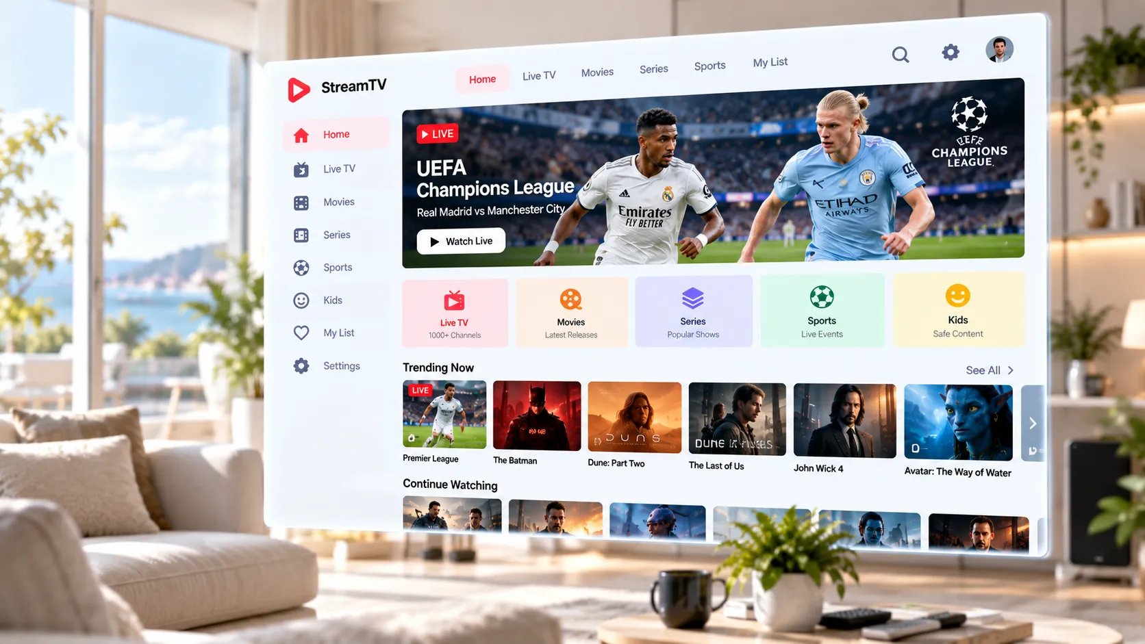 Live sports streaming on IPTV showing NFL, Premier League football and NBA basketball channels on a large screen