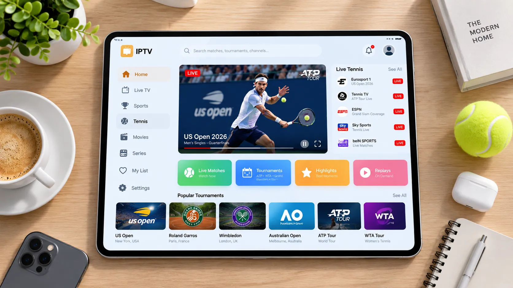 IPTV streaming service shown on a large smart TV displaying live sports and entertainment channels in HD quality
