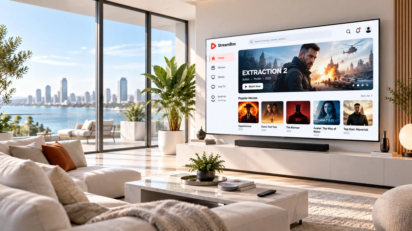 Premium IPTV streaming experience on a modern smart TV showing live sports and entertainment channels