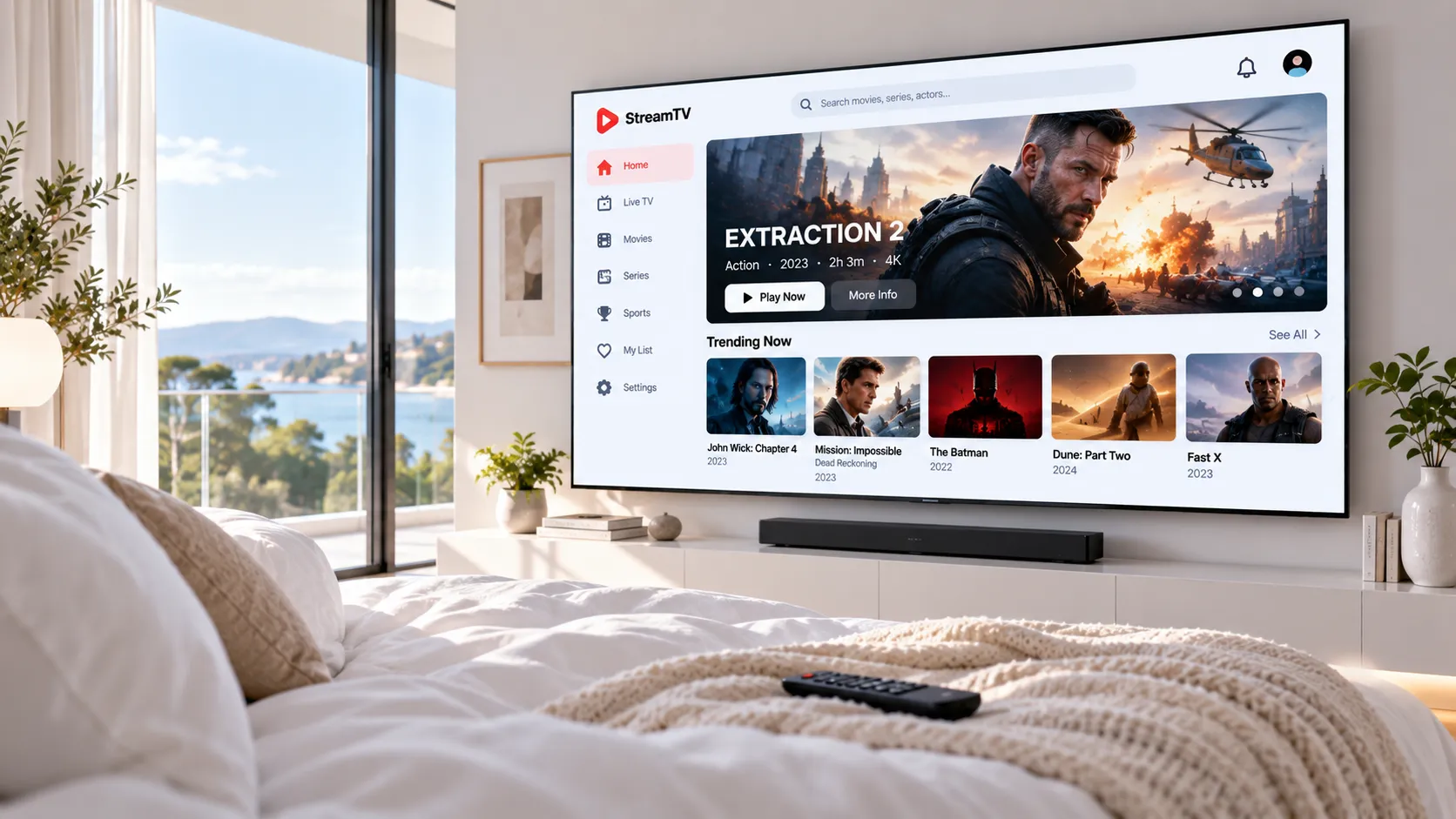 IPTV streaming interface showing USA and UK channel packages side by side on a large television screen